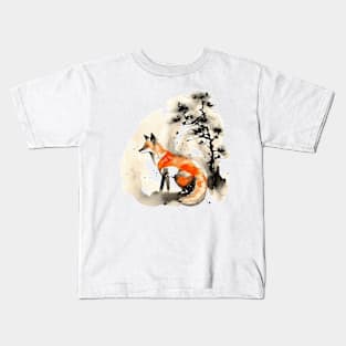 Fox Painting Kitsune Japanese art Sumie Kids T-Shirt